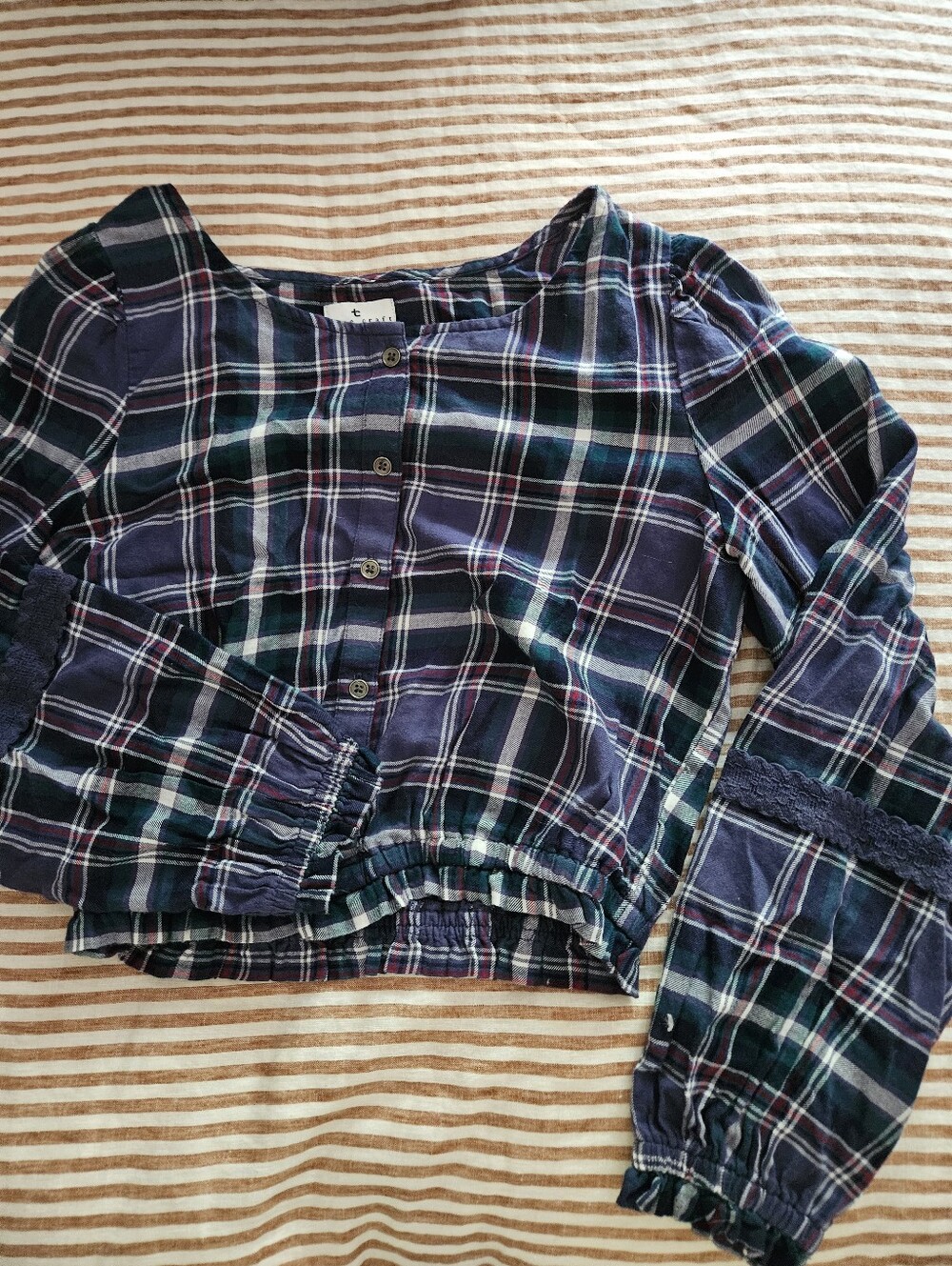 True Craft Navy and Green Plaid Button-Front Crop Top